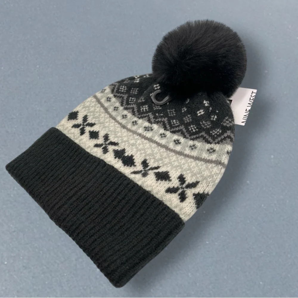 Nine West Fair Isle Faux Fur Trim Beanie Grey with Jewels RHINESTONES Knit Hat